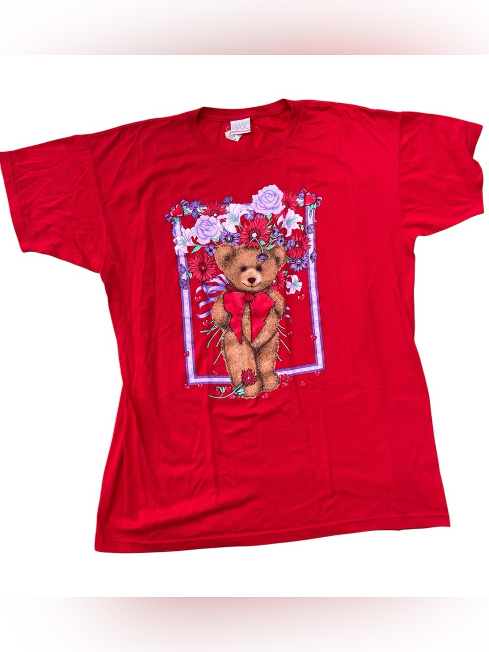 VTG Simply Basic Teddy Bear w/ Flowers Short Sleeve T Shirt Red Women’s XL